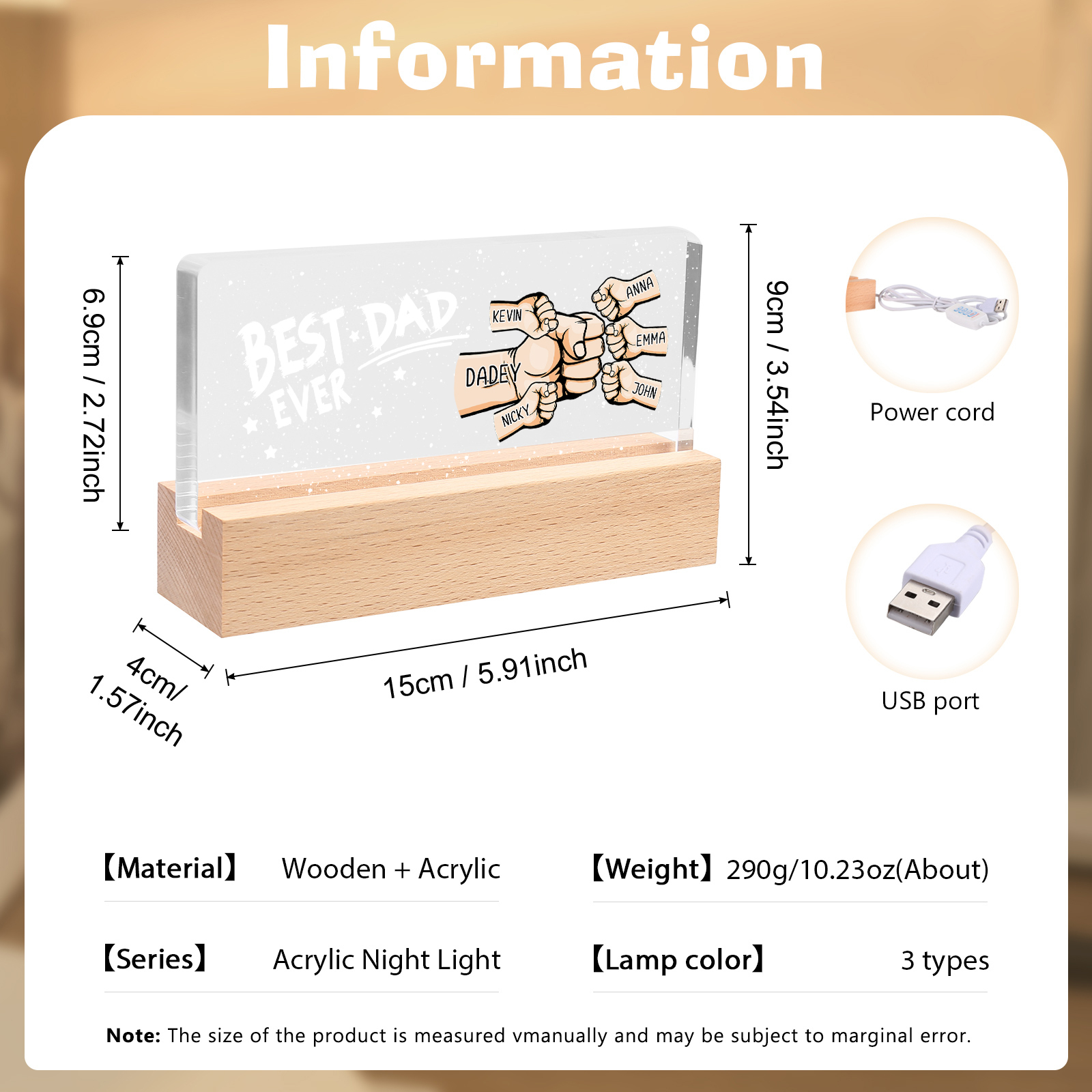 Best Dad Ever - Personalised 6 Names Acrylic Night Light Custom Fist Bump LED Lamp Fathers Day Gifts-Jessemade AU