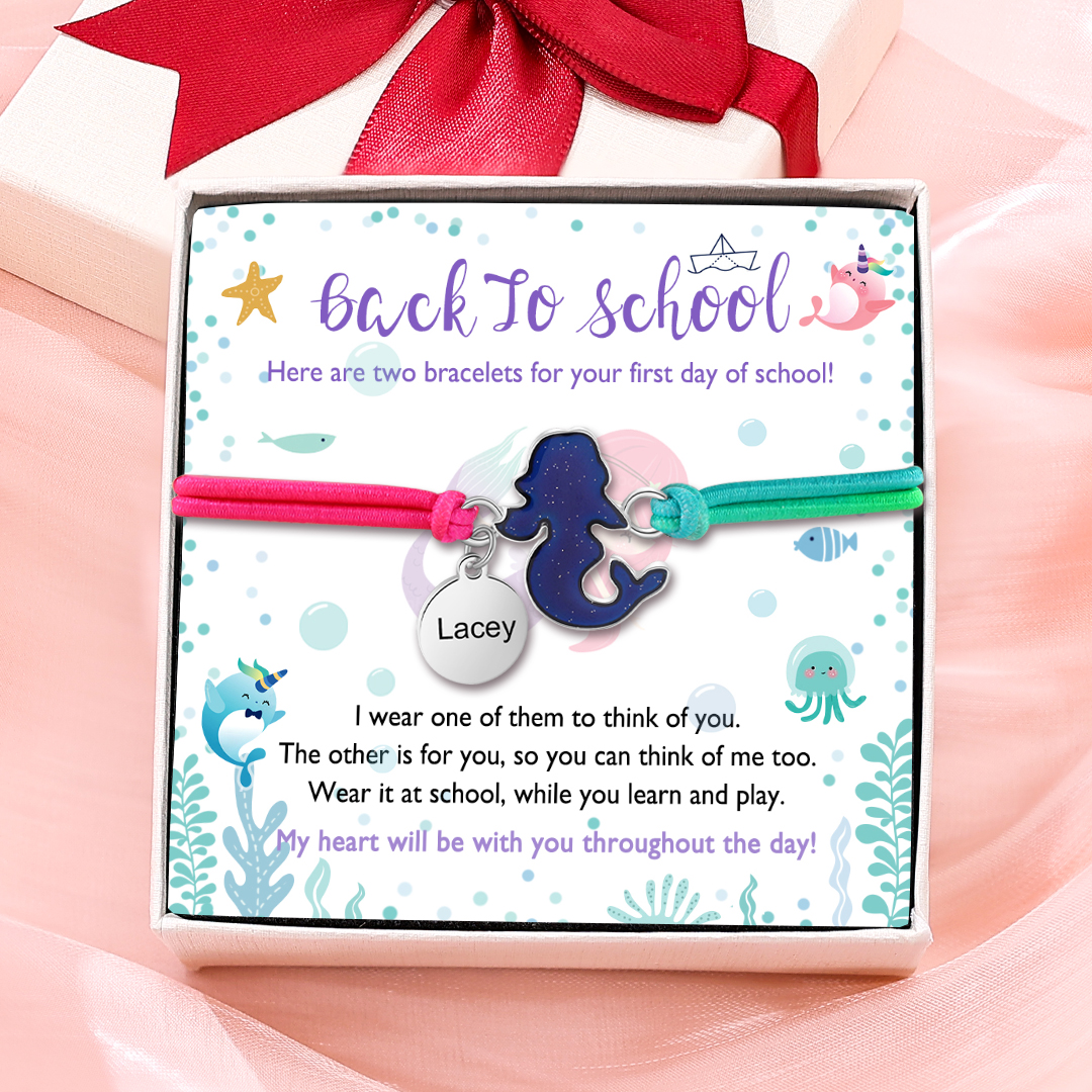 2 Pcs Bracelet Set Custom Names Mermaid Charm Hair Ties Back To School Gift for Daughters - My Heart Will Be With You Throughout The Day