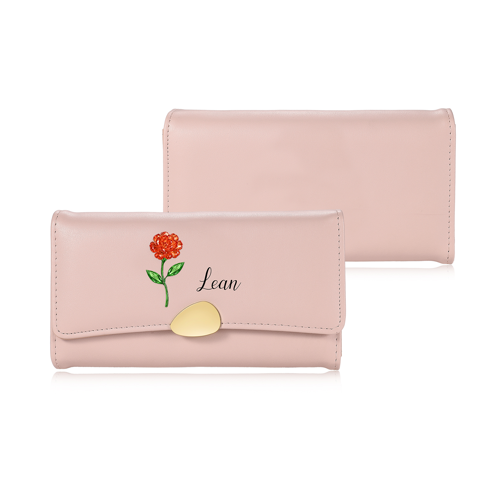Personalised Long Women’s Leather Wallet with Birth Flower and Name