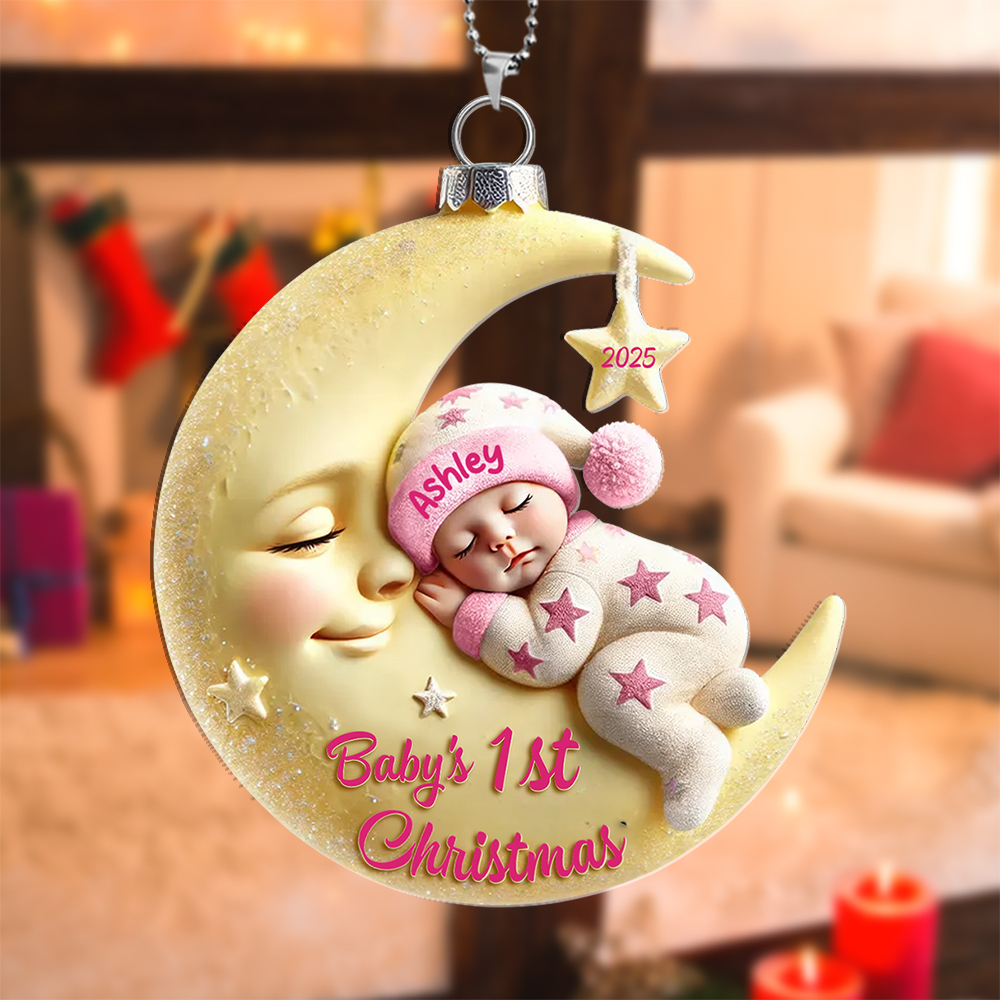 Acrylic Christmas Tree Decoration - Baby on the Moon - Baby's First Christmas