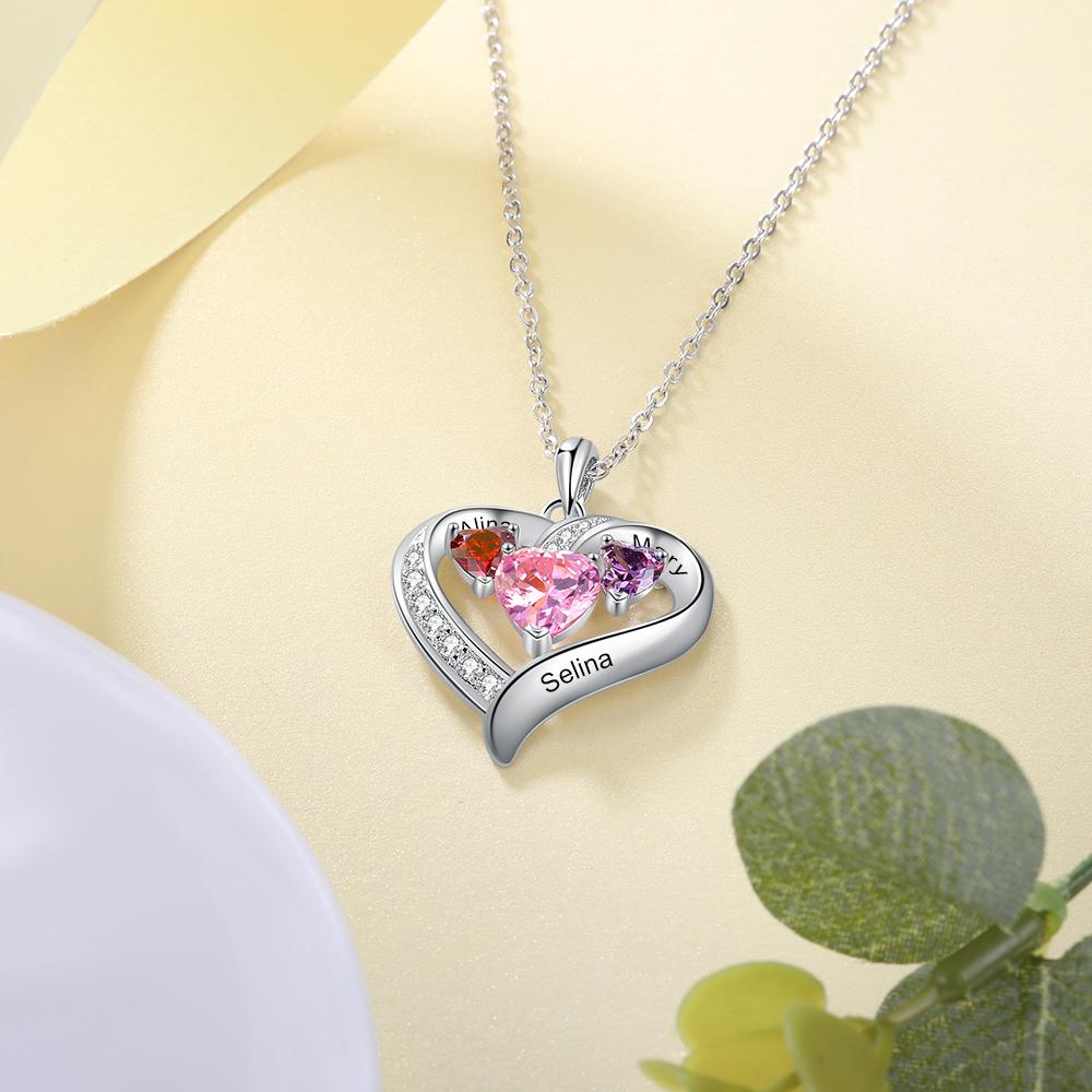Heart Necklace Custom 3 Names 3 Birthstones Birthday Gifts for Her-Jessemade AU