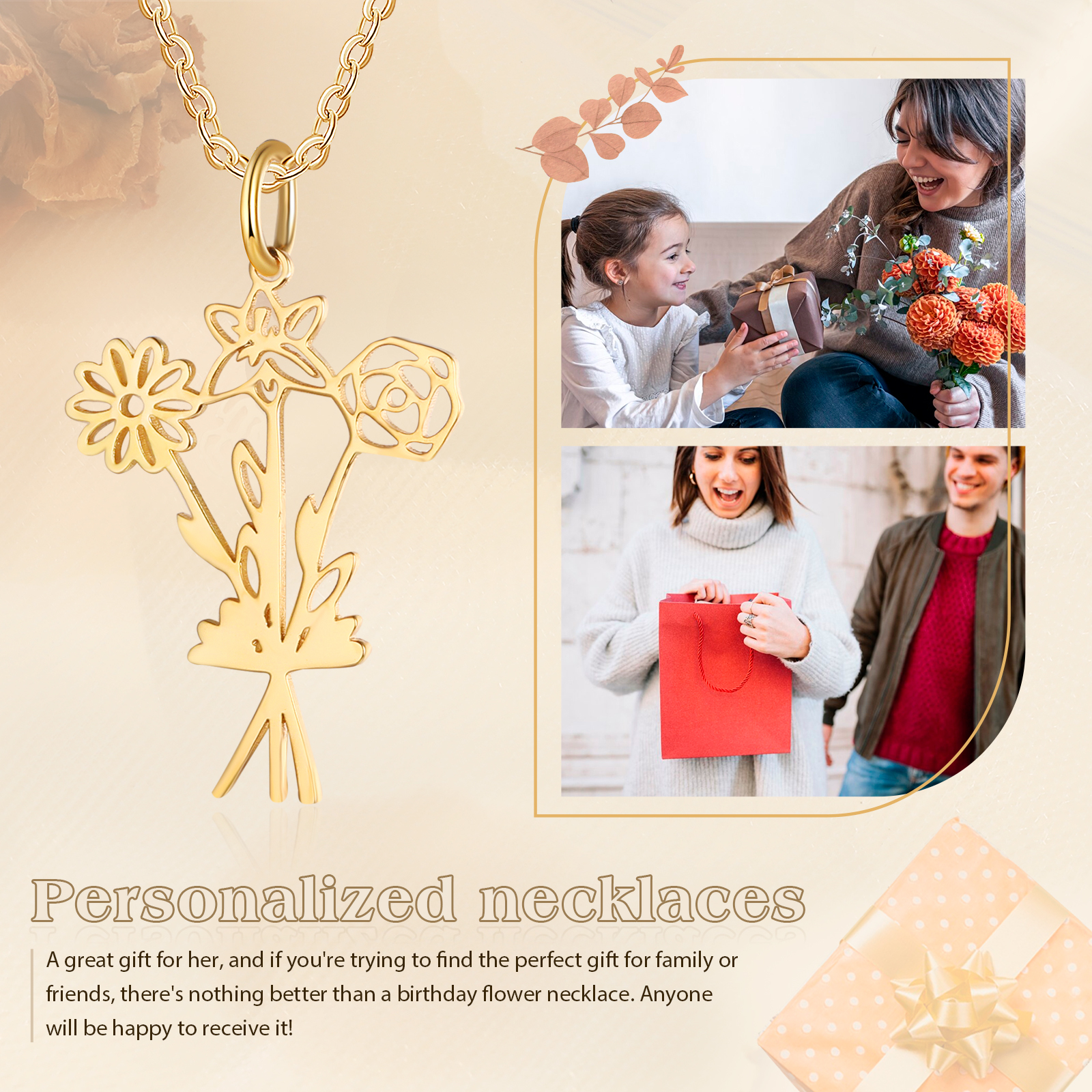 Personalised 3 Birthday Flowers Necklace Custom Pendant Necklace Gold Birthday Gift for Her-Jessemade AU
