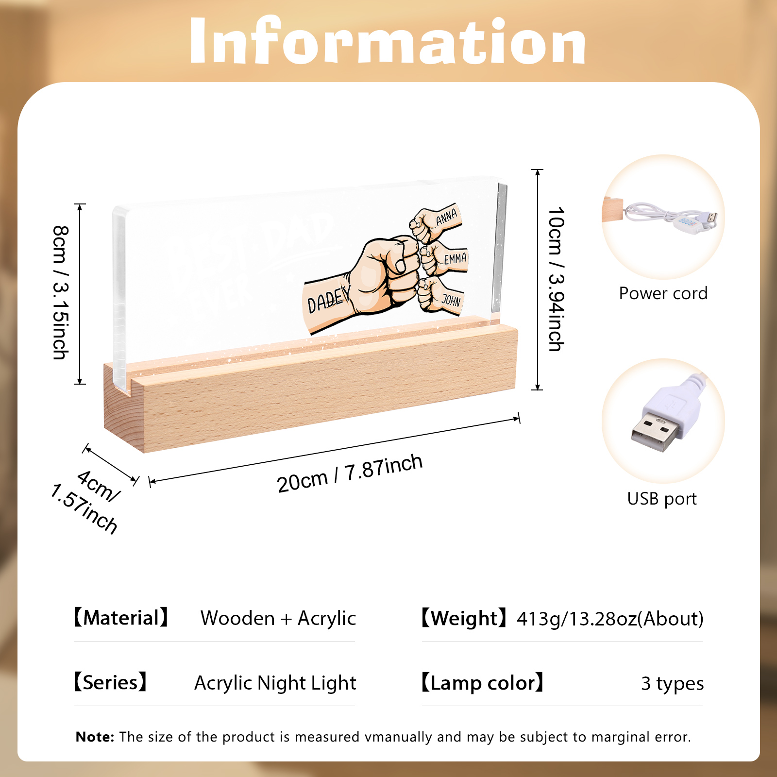 Best Dad Ever - Personalised 4 Names Acrylic Night Light Custom Fist Bump LED Lamp Fathers Day Gifts-Jessemade AU