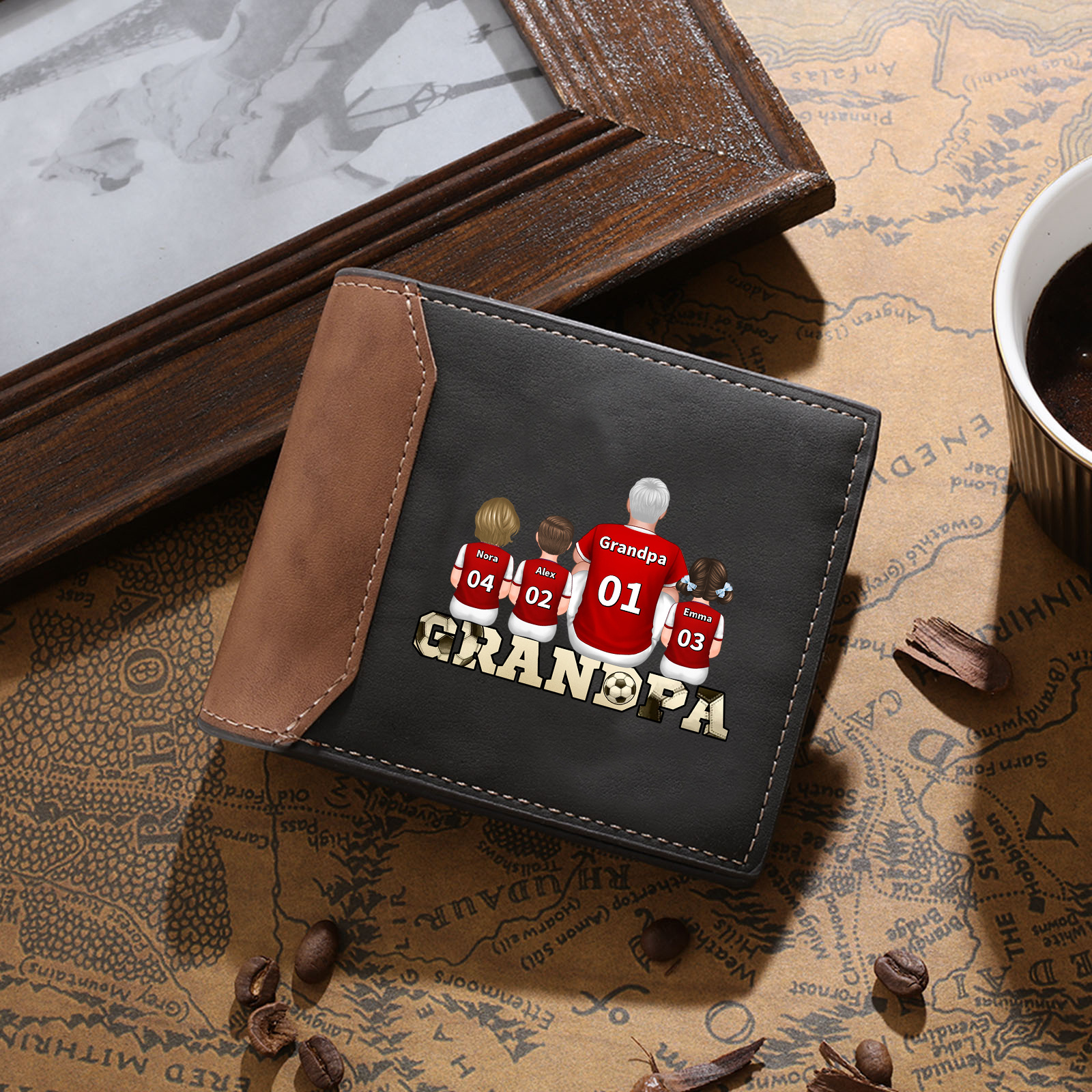 Personalised Leather Wallet with 1-6 Names Wallet with football family design Gift for Grandpa | Lorajewel