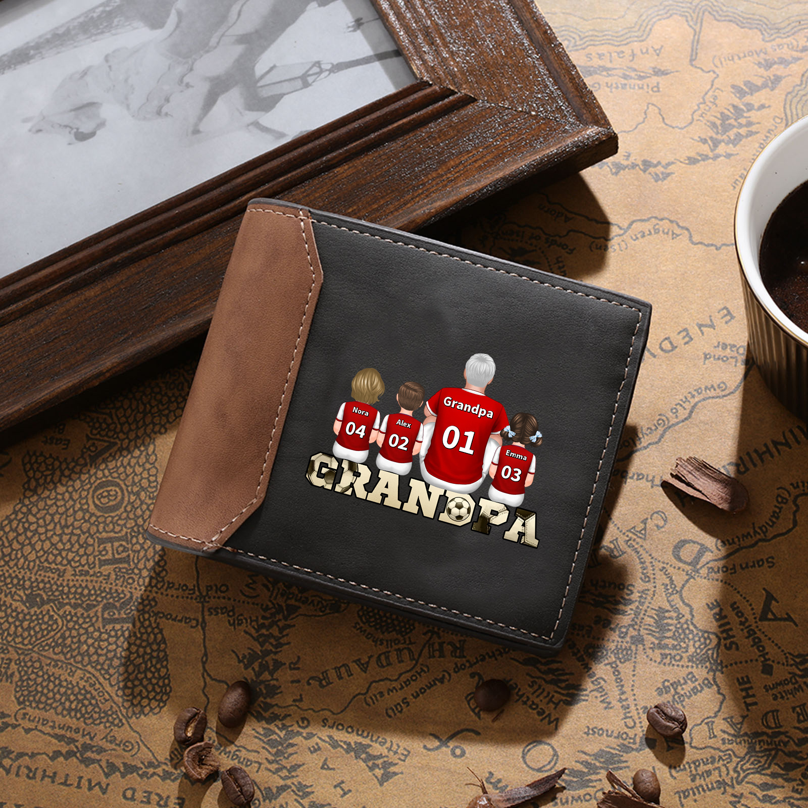 Personalised Leather Wallet with 1-6 Names Wallet with football family design Gift for Grandpa | Lorajewel