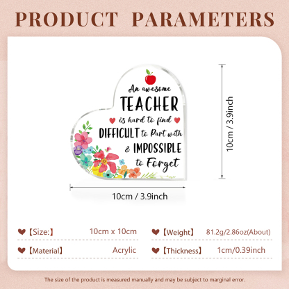 Acrylic Plaque Heart-Shaped Keepsake Gift "An Awesome Teacher Is Hard To Find, Difficult To Part With & Impossible To Forget"-Jessemade AU
