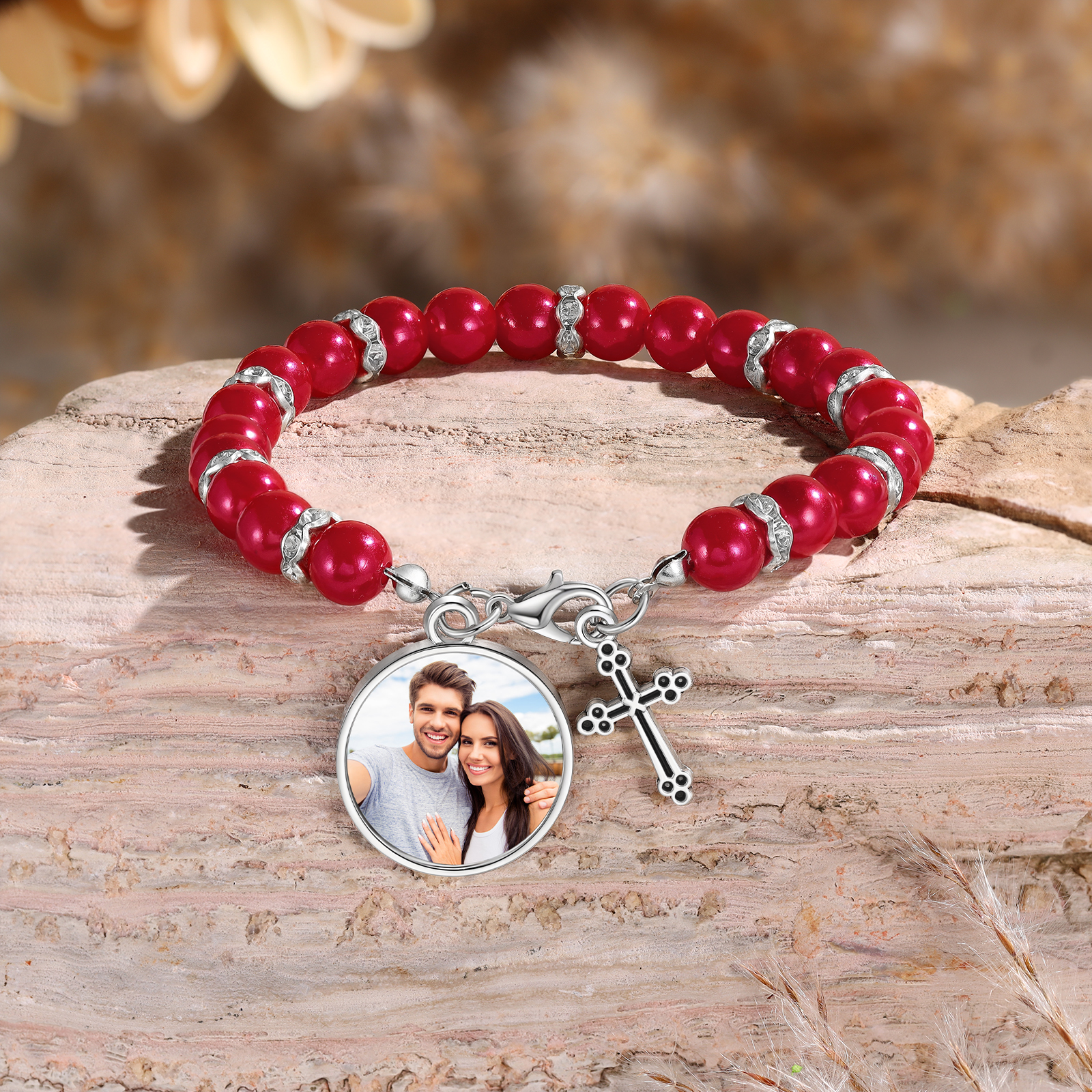 Personalised Rosary Memorial Bracelet Custom with Photo and Cross Pendant
