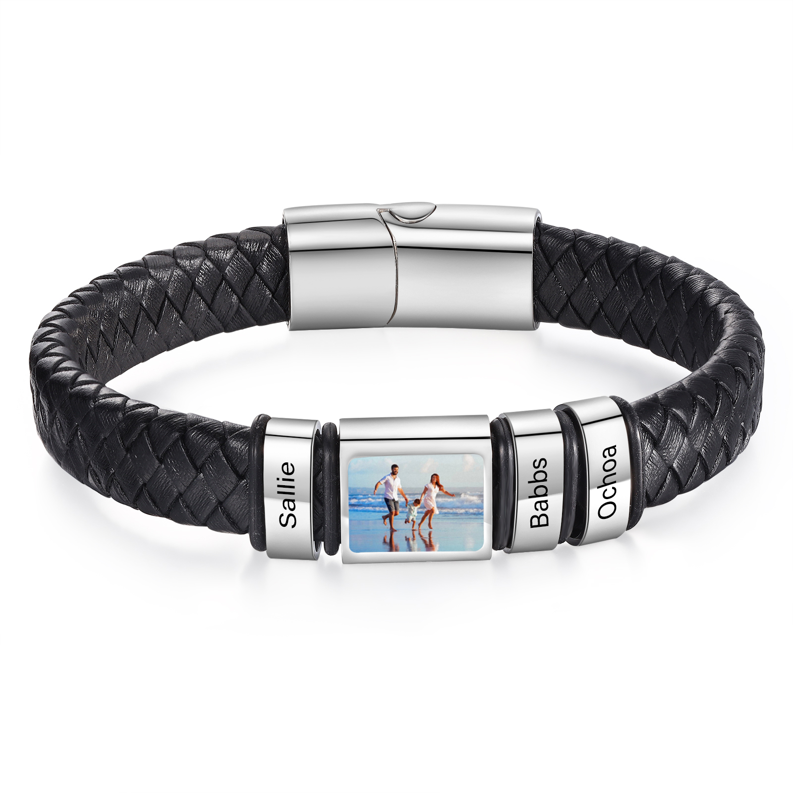 Personalised Men's Leather Bracelet Custom 1 Photo & 1–6 Names Black Silver Gifts for Him-Jessemade AU