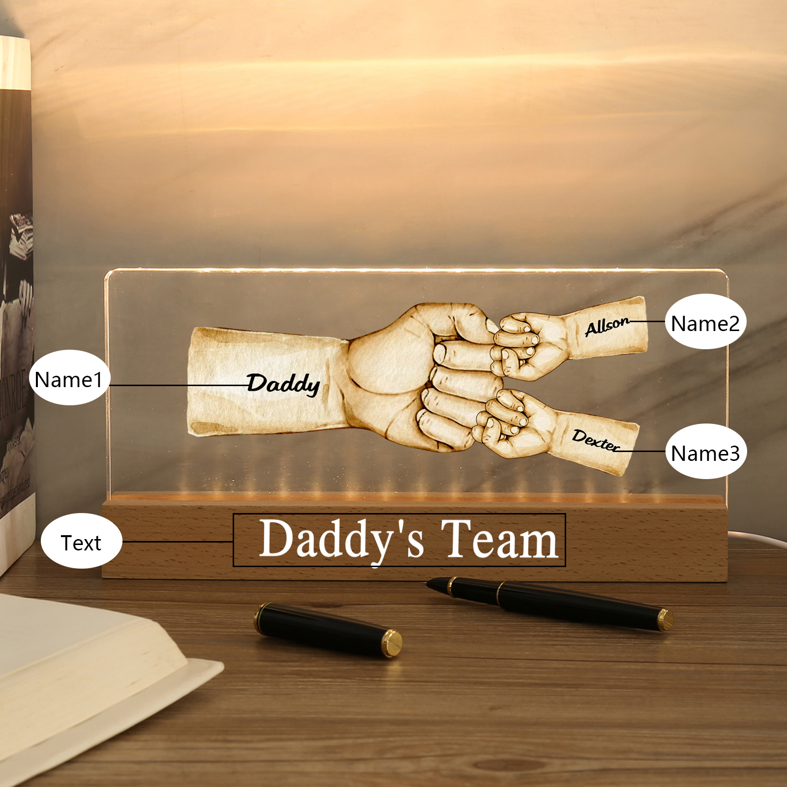 3 Names -  Personalised Name & Text Acrylic Night Light Custom Fist Bump LED Lamp Fathers Day Gifts-Jessemade AU