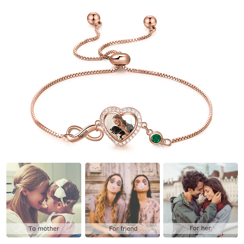 Infinity Love Heart Photo Bracelet with Birthstone Personalised with Engraving