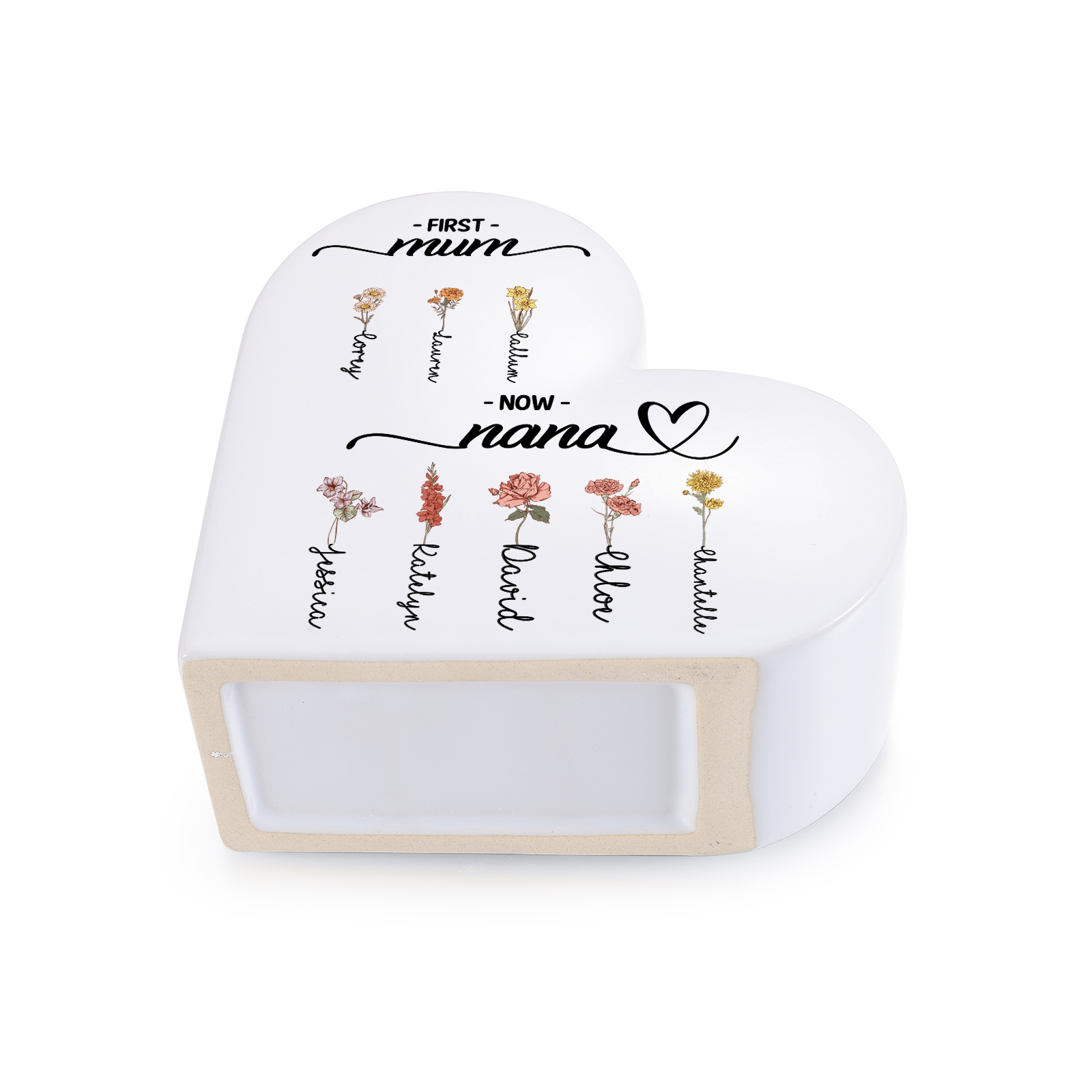 Personalised Ceramic Heart Vase with 2–12 Birth Flowers and Names