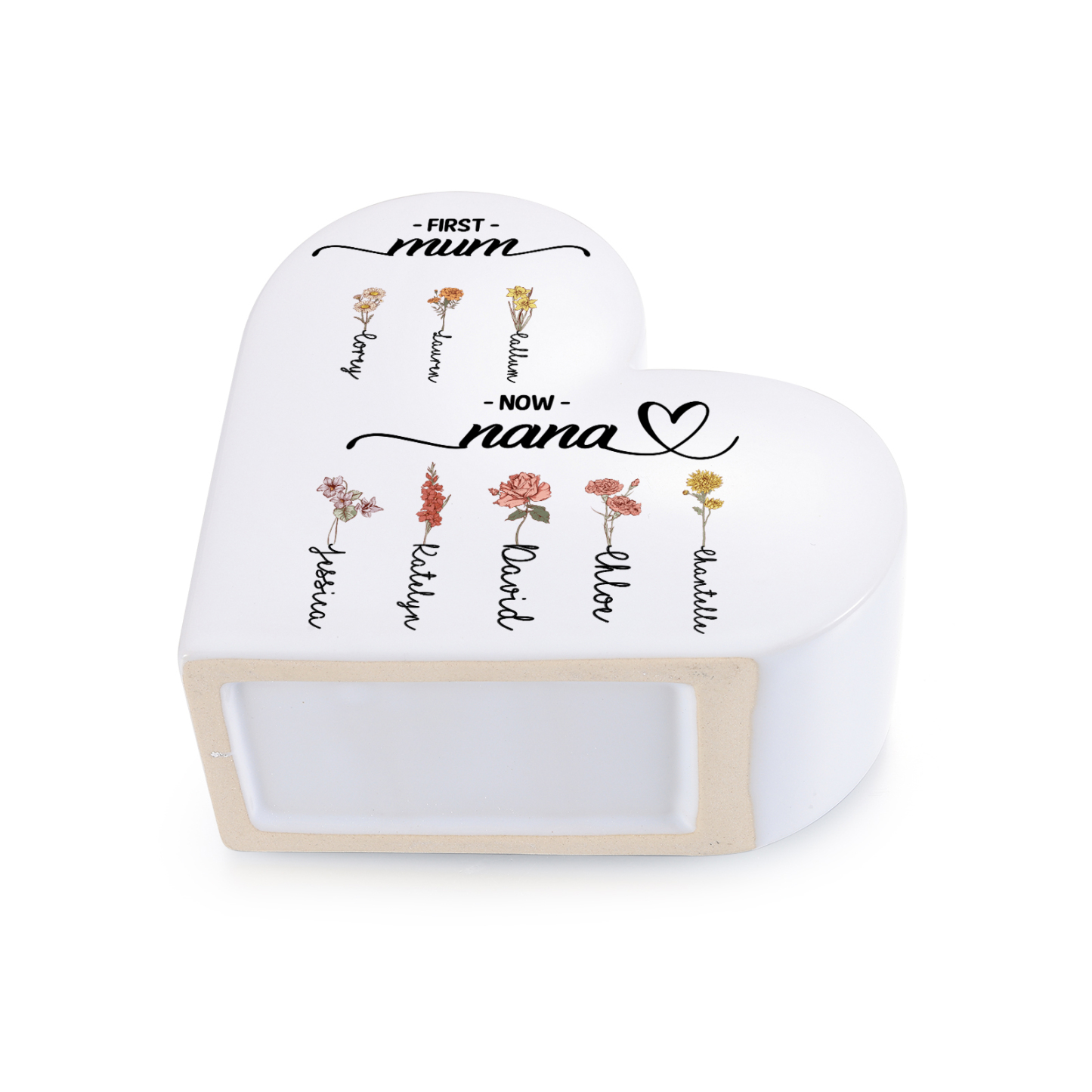Personalised Ceramic Heart Vase with 2–12 Birth Flowers and Names
