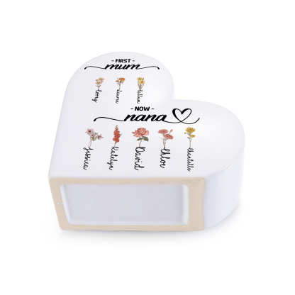 Personalised Ceramic Heart Vase with 2–12 Birth Flowers and Names