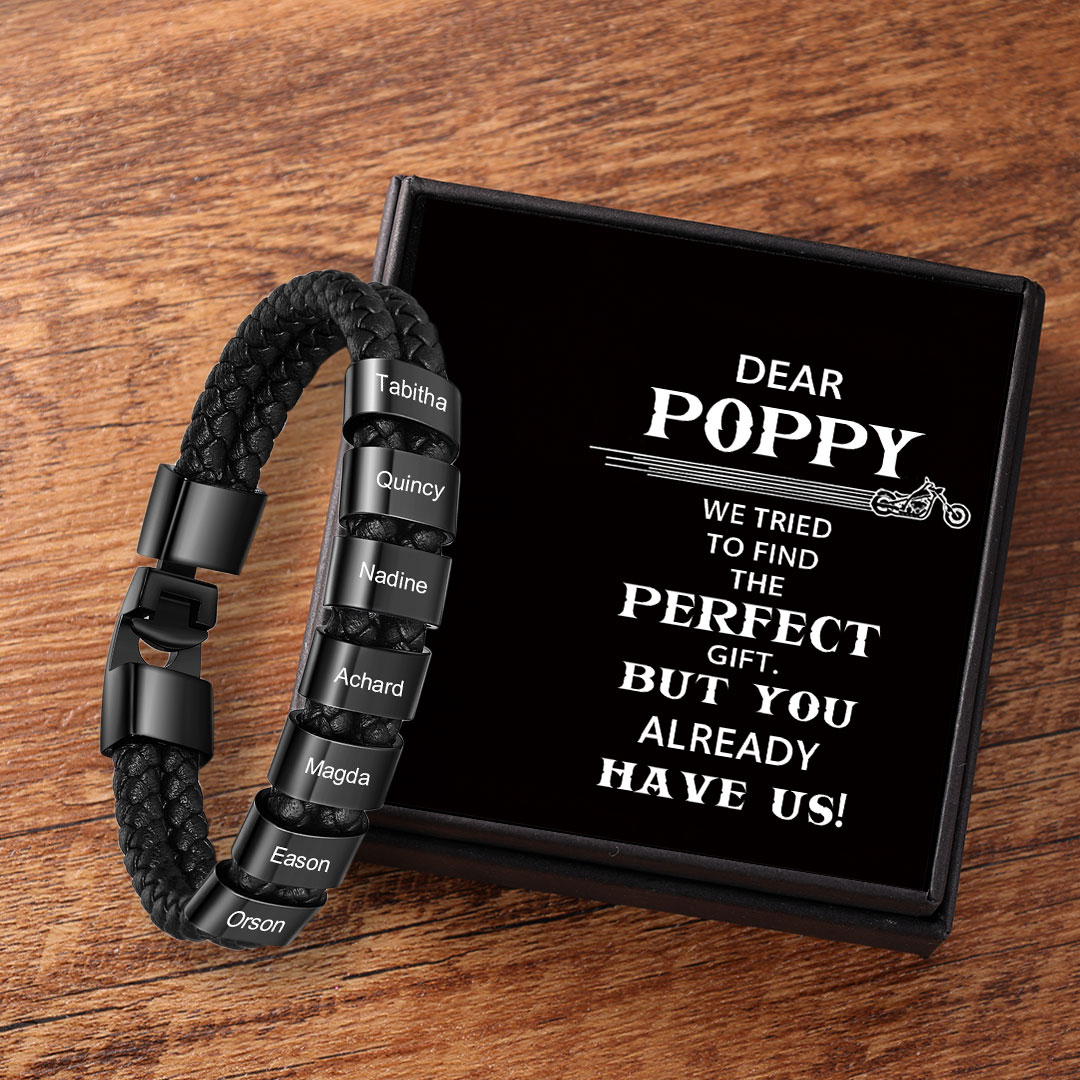 Personalised Braided Leather Bracelet Engraved 7 Names Men's Bracelet Gifts for Poppy