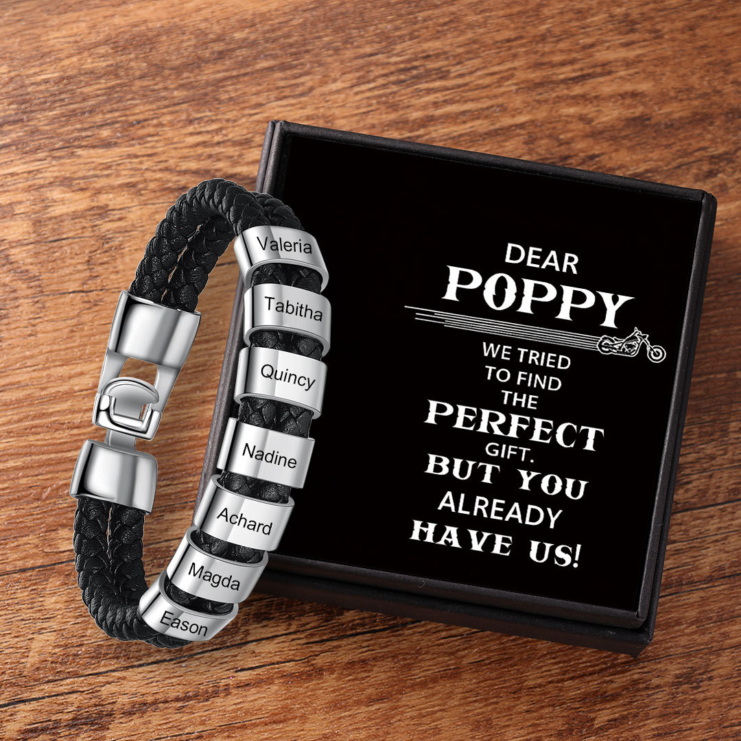 Personalised Braided Leather Bracelet Engraved 7 Names Men's Bracelet Gifts for Poppy-Jessemade AU