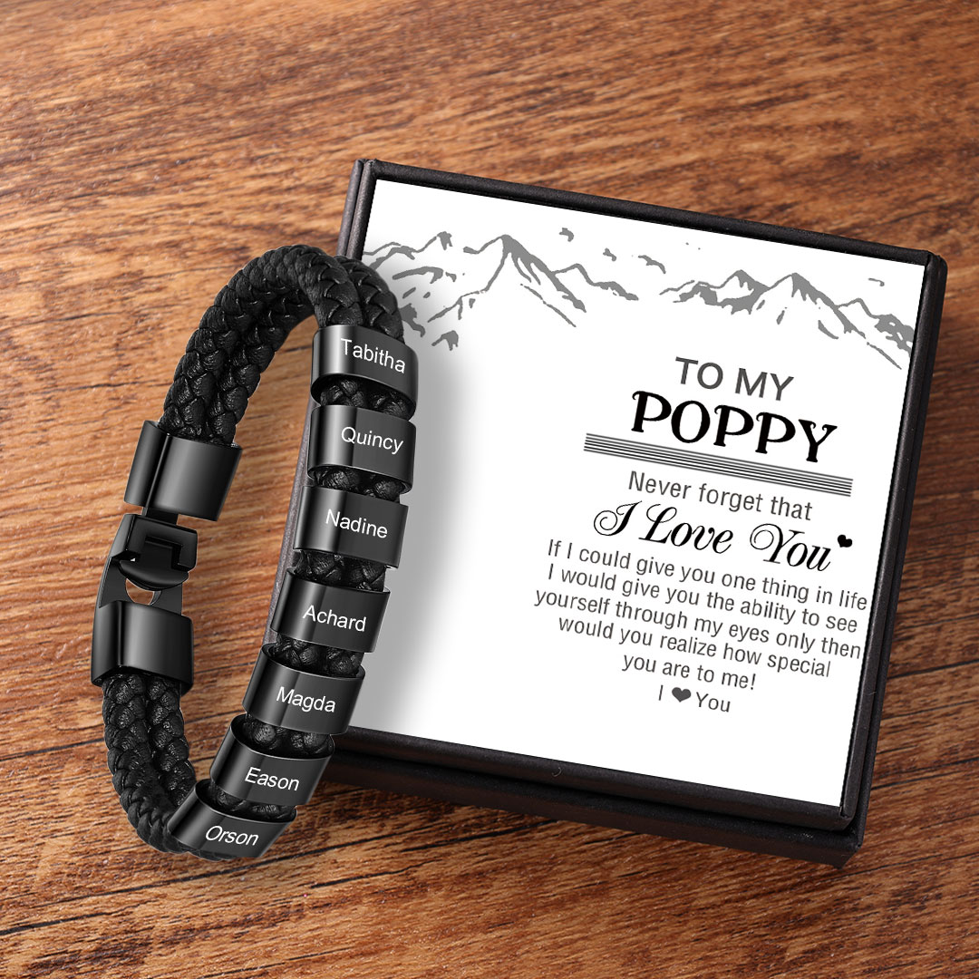 Personalised Braided Leather Bracelet Engraved 7 Names Men's Bracelet Gifts for Poppy