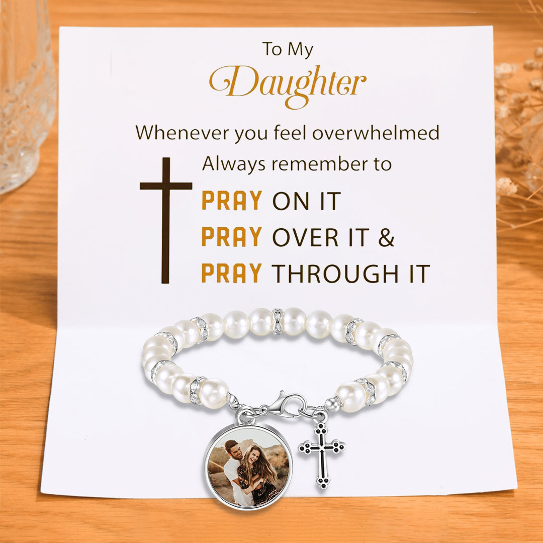 To My Daughter Personalised Rosary Memorial Bracelet Custom with Photo and Cross Pendant