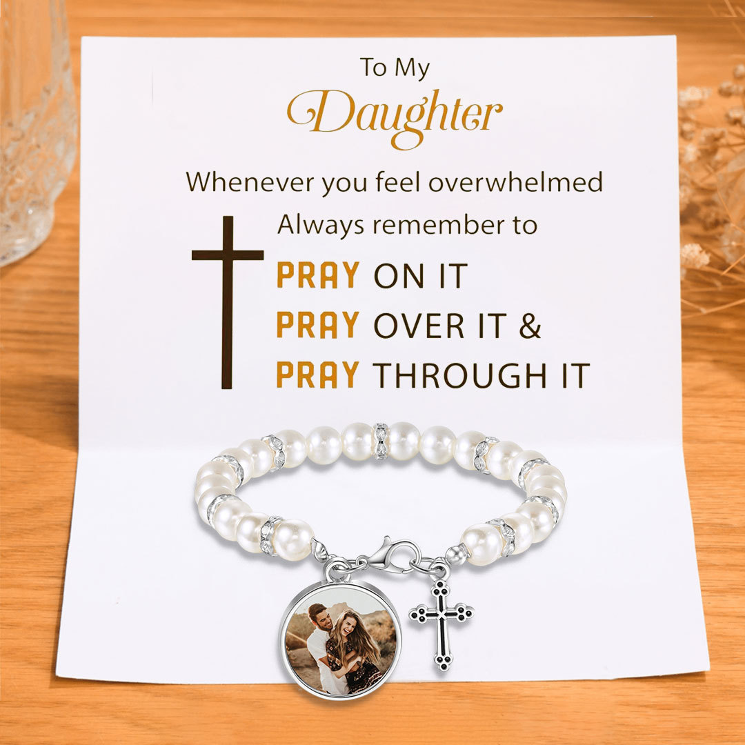 To My Daughter Personalised Rosary Memorial Bracelet Custom with Photo and Cross Pendant