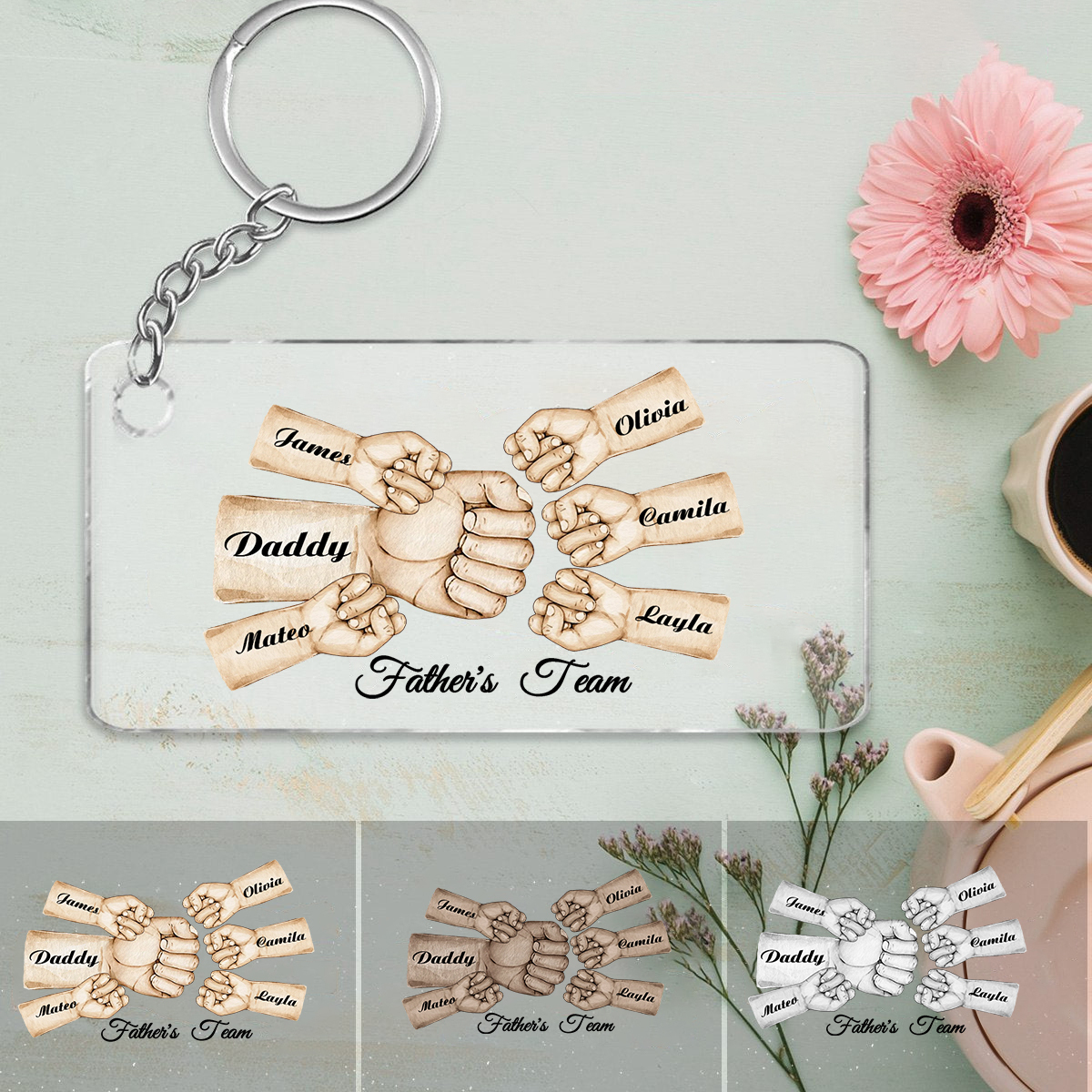 6 Names - Personalised Text & Name Acrylic Keychain Fist Bump Fathers Day Gifts for Dad/Grandpa-Jessemade AU
