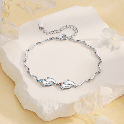 Personalised Baby Feet Bracelet Custom 2 Birthstones & 2 Names Adjustable Bracelet Gift for Her-Jessemade AU