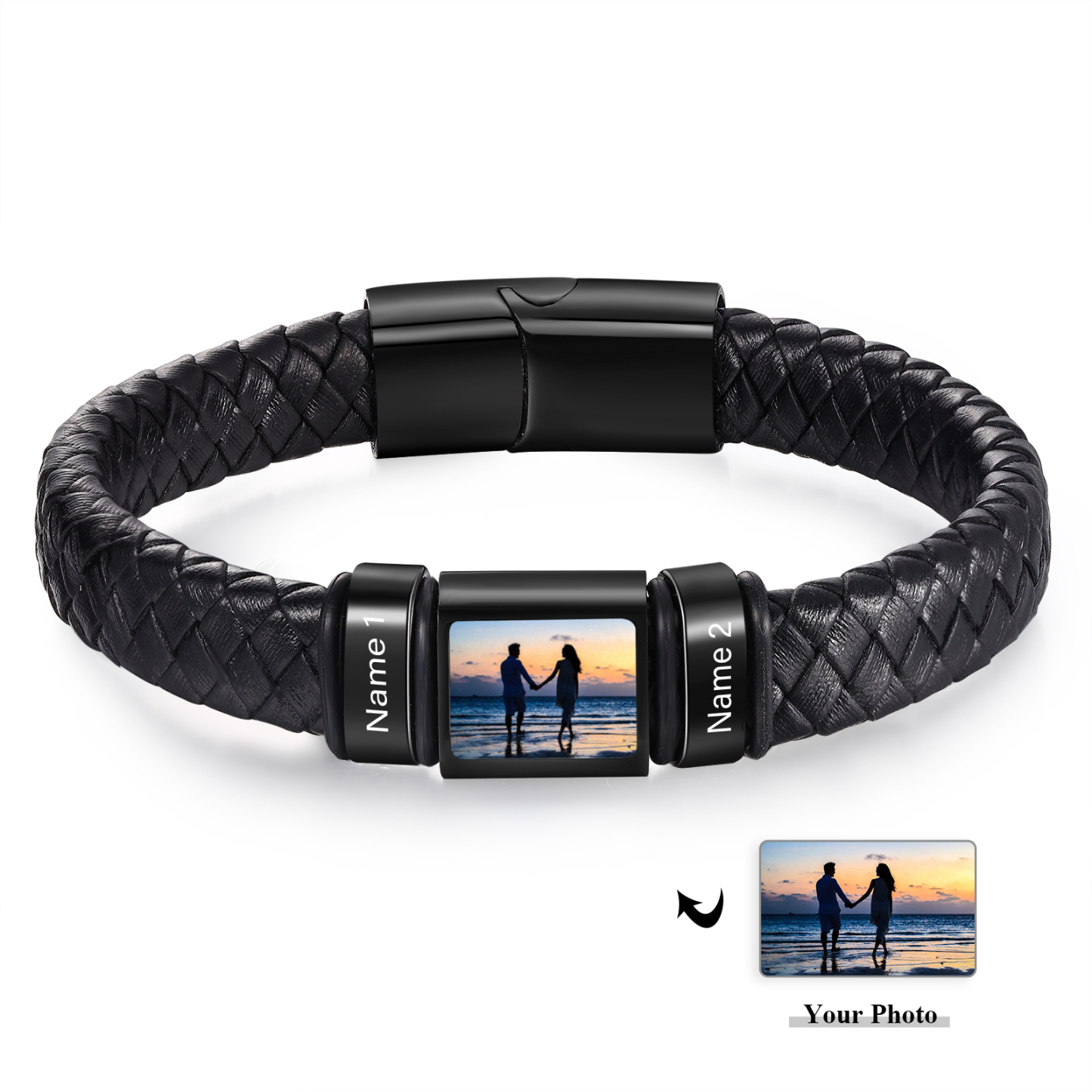 Personalised Men's Leather Bracelet Custom 1 Photo & 1–6 Names Black Silver Gift for Him-Jessemade AU