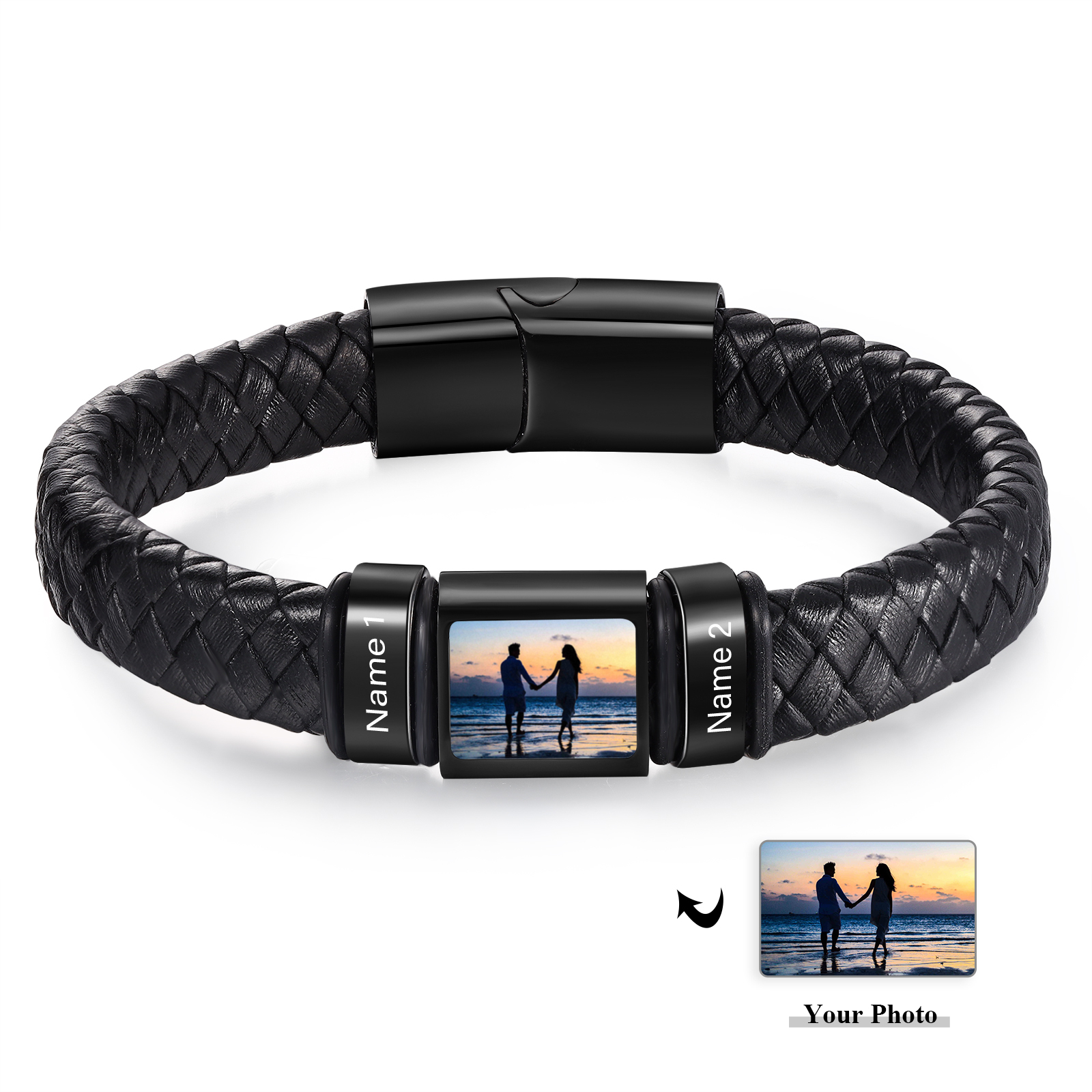 Personalised Men's Leather Bracelet Custom 1 Photo & 1–6 Names Black Silver Gift for Him-Jessemade AU