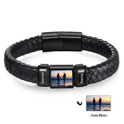 Personalised Men's Leather Bracelet Custom 1 Photo & 1–6 Names Black Silver Gift for Him-Jessemade AU