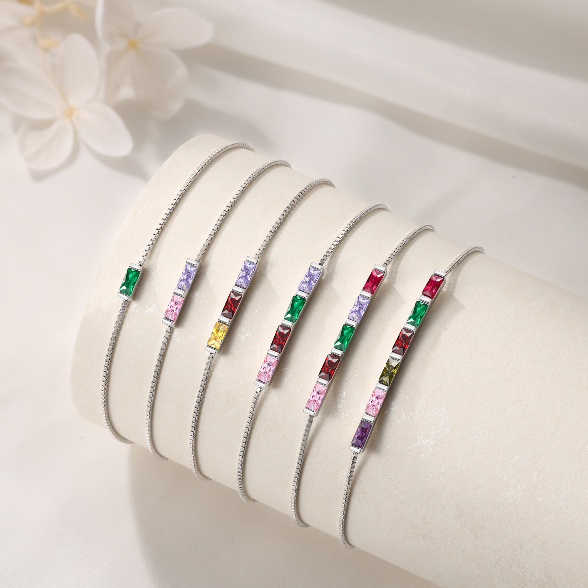 S925 Silver Custom 5 Birthstones Bracelet Gold Adjustable Bracelet Personalised Birthday Gift for Her