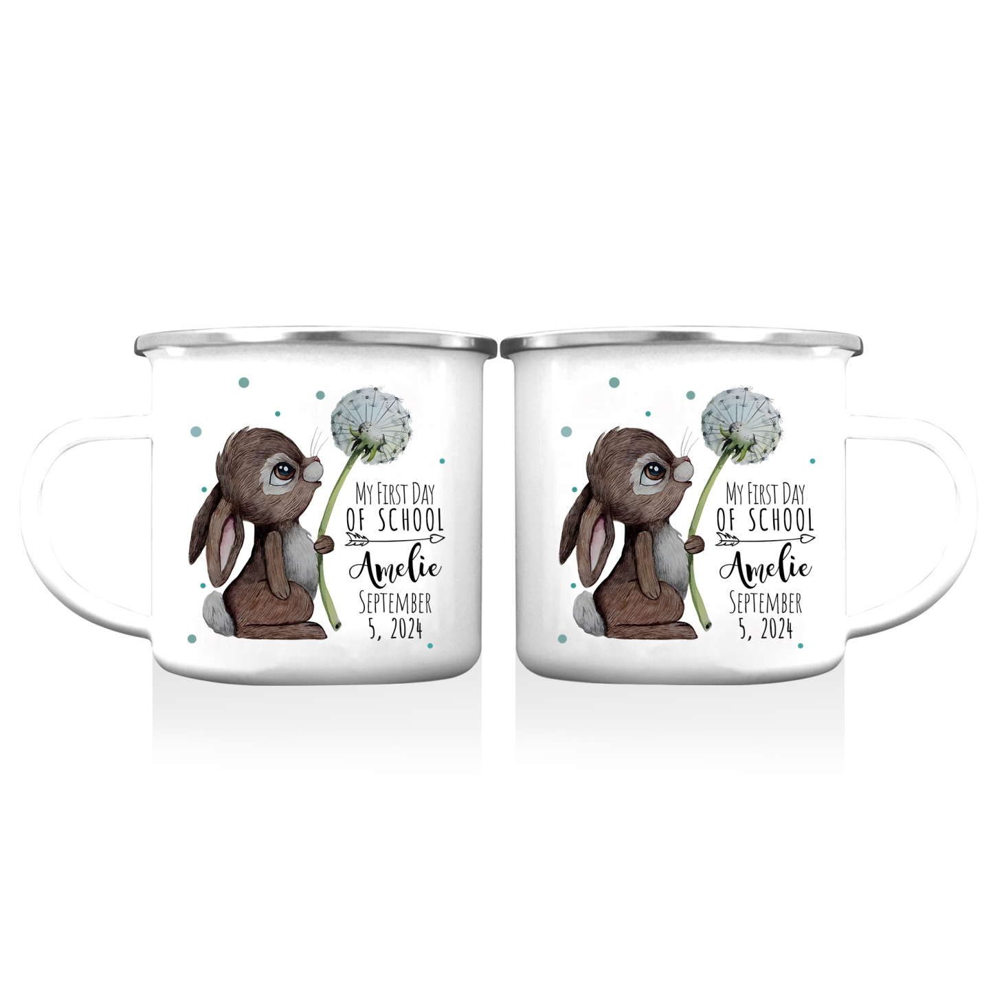 Personalised Enamel Mug Custom Name & Date Bunny Dandelion Cup Back to School Gift for Kids - My First Day Of School-Jessemade AU