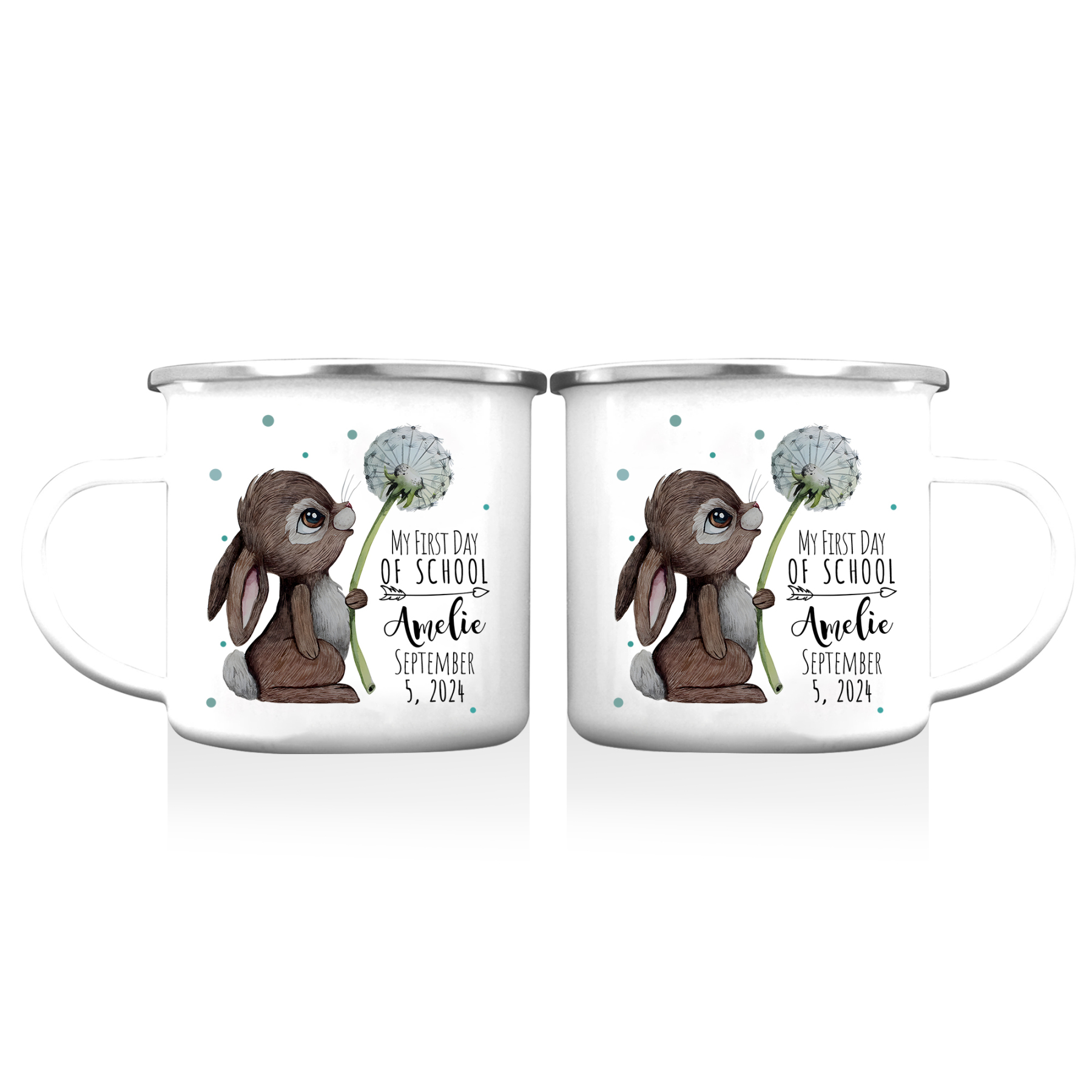 Personalised Enamel Mug Custom Name & Date Bunny Dandelion Cup Back to School Gift for Kids - My First Day Of School-Jessemade AU