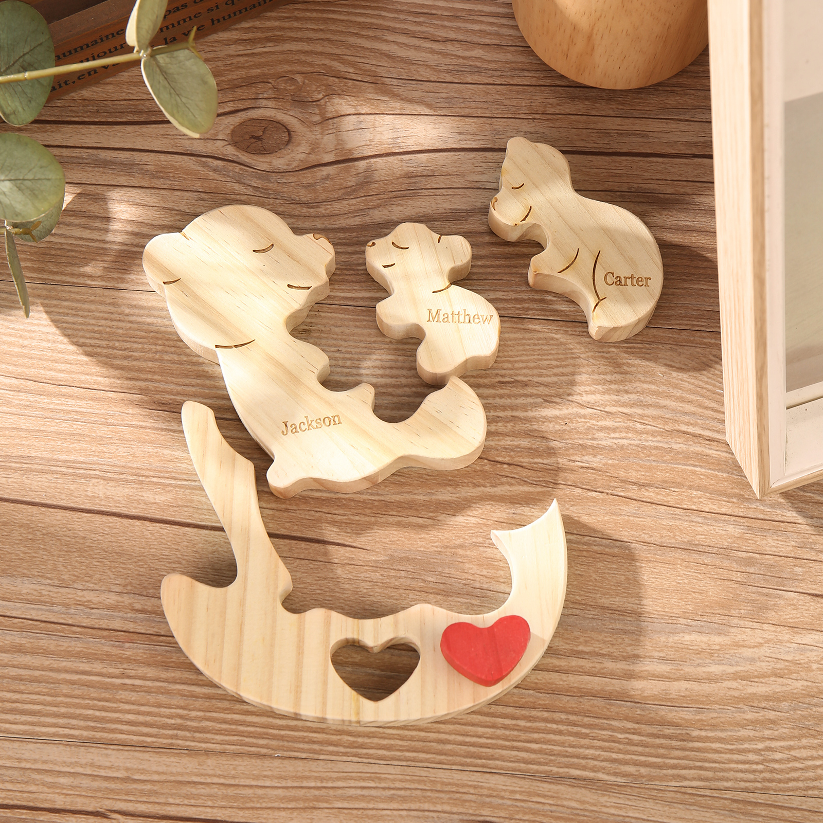 Personalised Wooden Bear Family Puzzles Custom 3 Names Animal Heart Ornaments Fathers Day Gifts-Jessemade AU