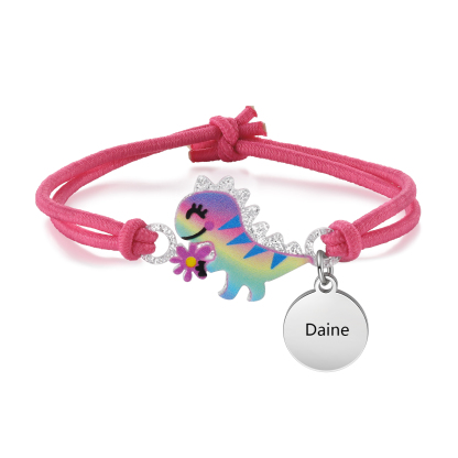 2 Pcs Bracelet Set Custom Names Red Dinosaur Charm Hair Ties Back To School Gift for Girls - My Heart Will Be With You Throughout The Day-Jessemade AU