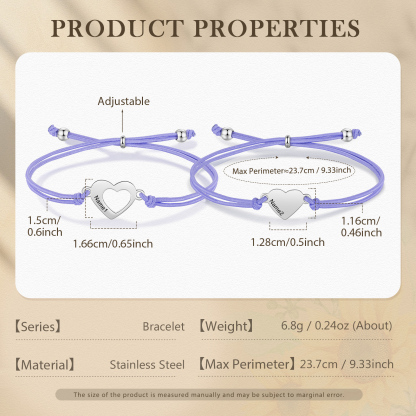 2 Pcs Heart Bracelet Set Custom 2 Names Adjustable Bracelets Back to School Gift for Daughter Granddaughter-Jessemade AU