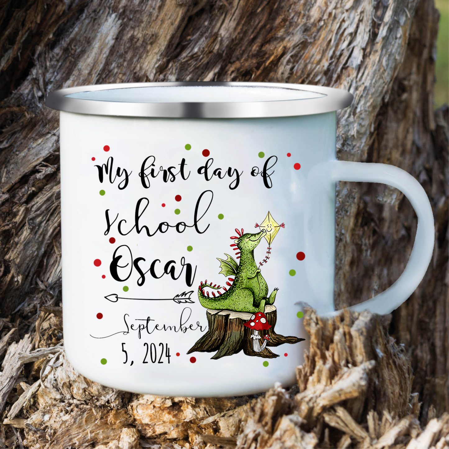 Personalised Enamel Mug Custom Name & Date Dinosaur Cup Back to School Gift for Kids - My First Day Of School-Jessemade AU