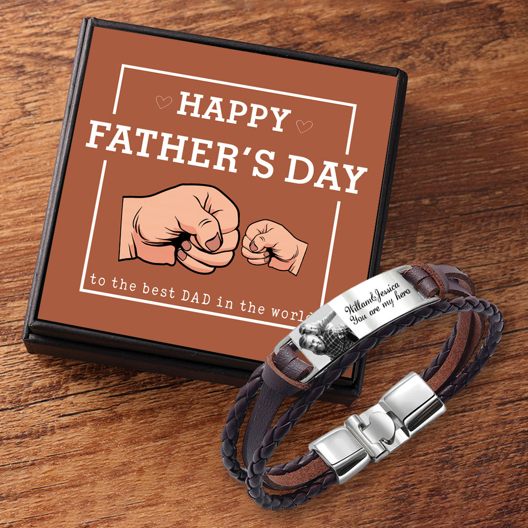 Personalised Braided Leather Bracelet Custom 1 Photo & 2 Texts Fathers Day Gift for Dad-Jessemade AU
