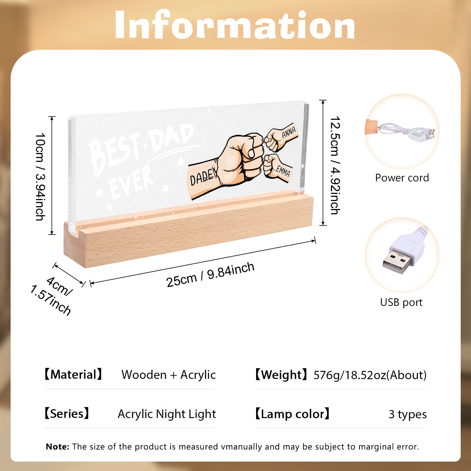 Best Dad Ever - Personalised 3 Names Acrylic Night Light Custom Fist Bump LED Lamp Fathers Day Gifts-Jessemade AU