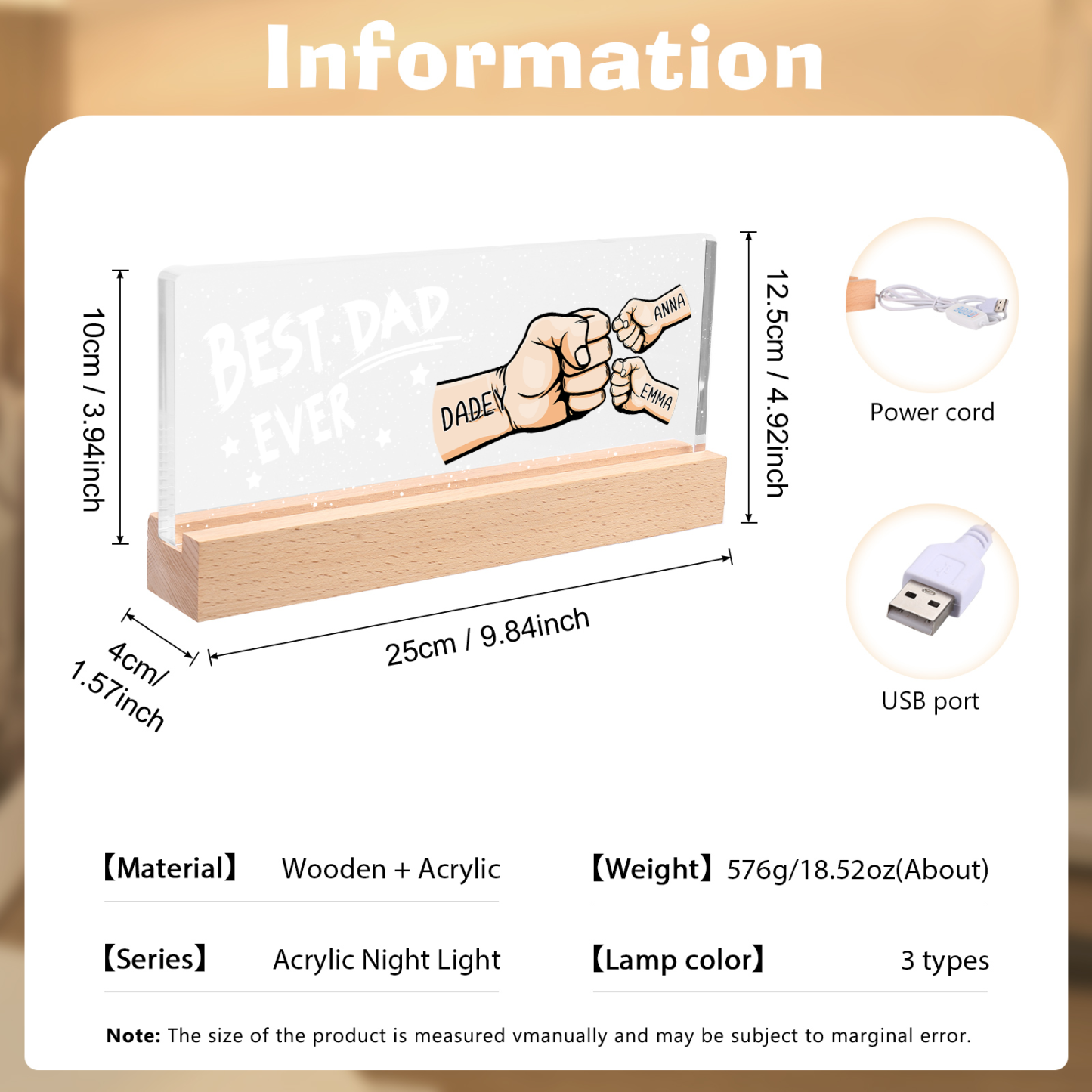 Best Dad Ever - Personalised 3 Names Acrylic Night Light Custom Fist Bump LED Lamp Fathers Day Gifts-Jessemade AU