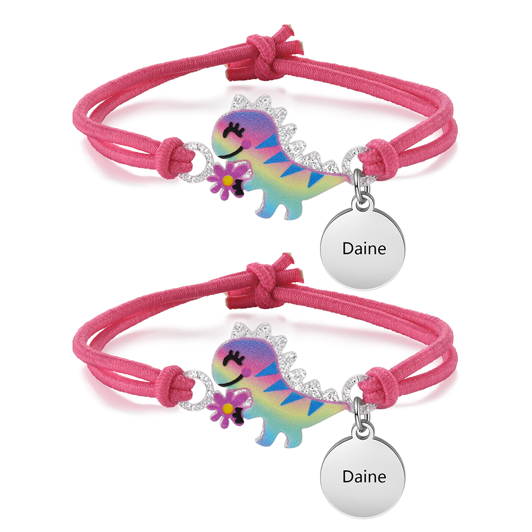 2 Pcs Bracelet Set Custom Names Red Dinosaur Charm Hair Ties Back To School Gift for Girls - My Heart Will Be With You Throughout The Day