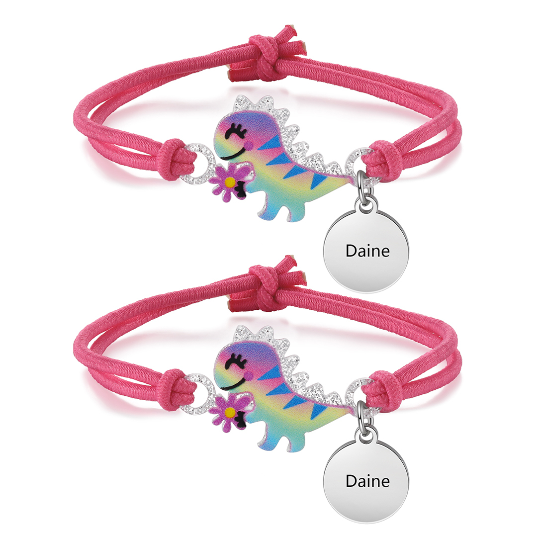 2 Pcs Bracelet Set Custom Names Red Dinosaur Charm Hair Ties Back To School Gift for Girls - My Heart Will Be With You Throughout The Day-Jessemade AU