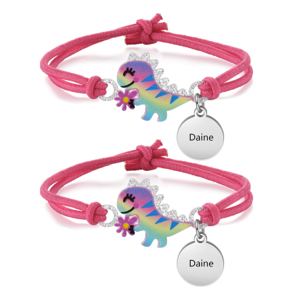 2 Pcs Bracelet Set Custom Names Red Dinosaur Charm Hair Ties Back To School Gift for Girls - My Heart Will Be With You Throughout The Day-Jessemade AU