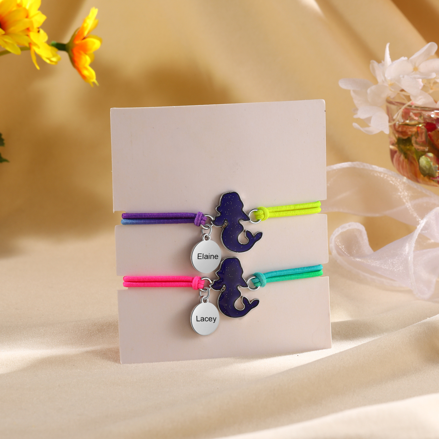 2 Pcs Bracelet Set Custom Names Mermaid Charm Hair Ties Back To School Gift for Daughters - My Heart Will Be With You Throughout The Day-Jessemade AU