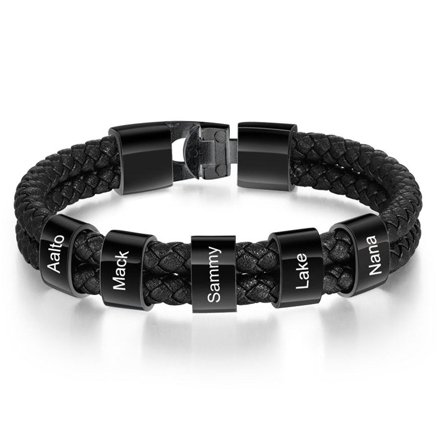 5 Names-Personalised Braided Leather Bracelet Engraved Men's Bracelet for Him