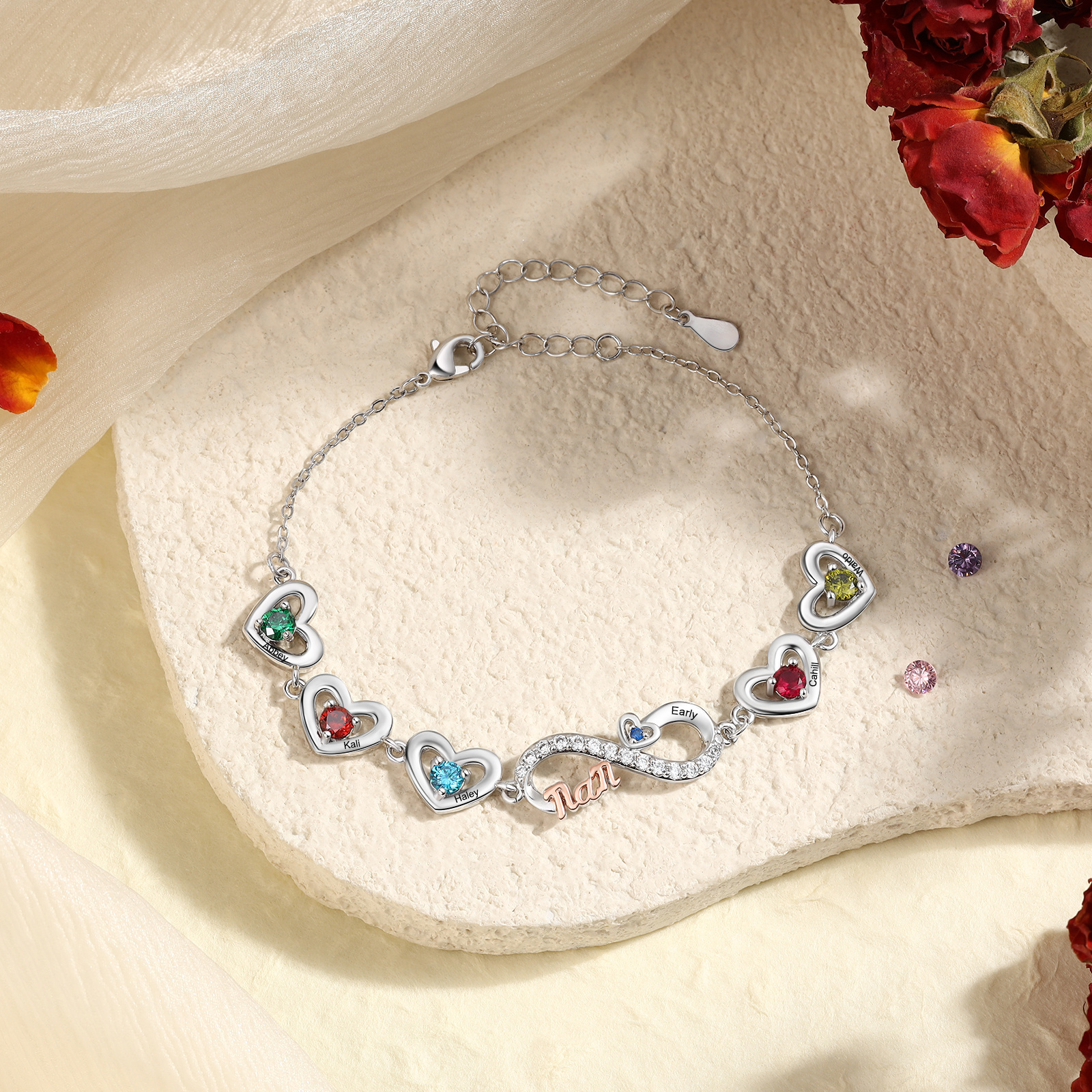 Personalised 2-6 Names Infinity Mum Heart Birthstone Bracelet
