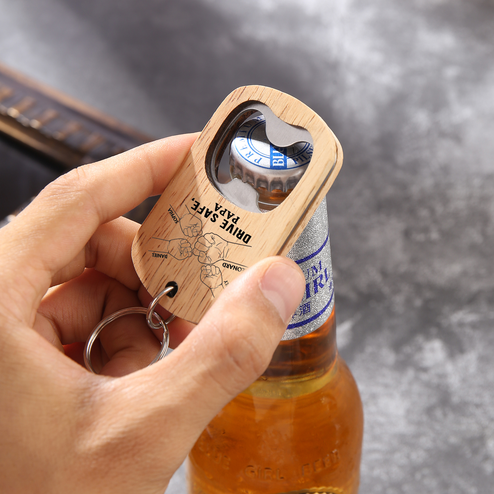 Drive Safe - Personalised 1 Text & 4 Names Bottle Opener Keychain Fist Bump Keychain Fathers Day Gifts for Dad/Grandpa-Jessemade AU