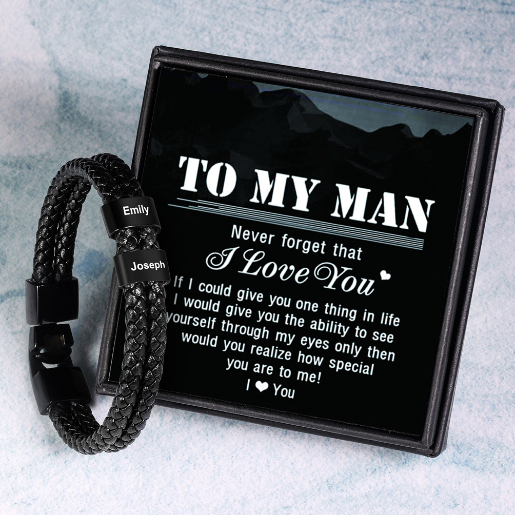 Men Leather Bracelet with Beads Engraved 2 Names Two Layers Bracelet Gifts For Him Valentine Gift