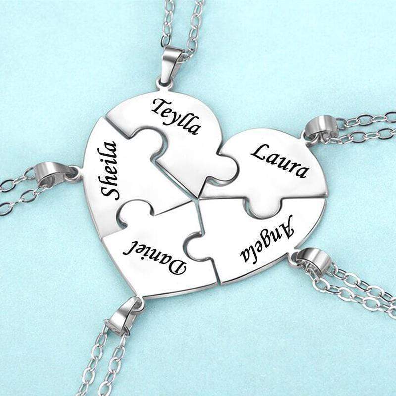Personalised Heart Puzzle Necklace Engraved 2 Names Matching Necklace Gifts for Couple