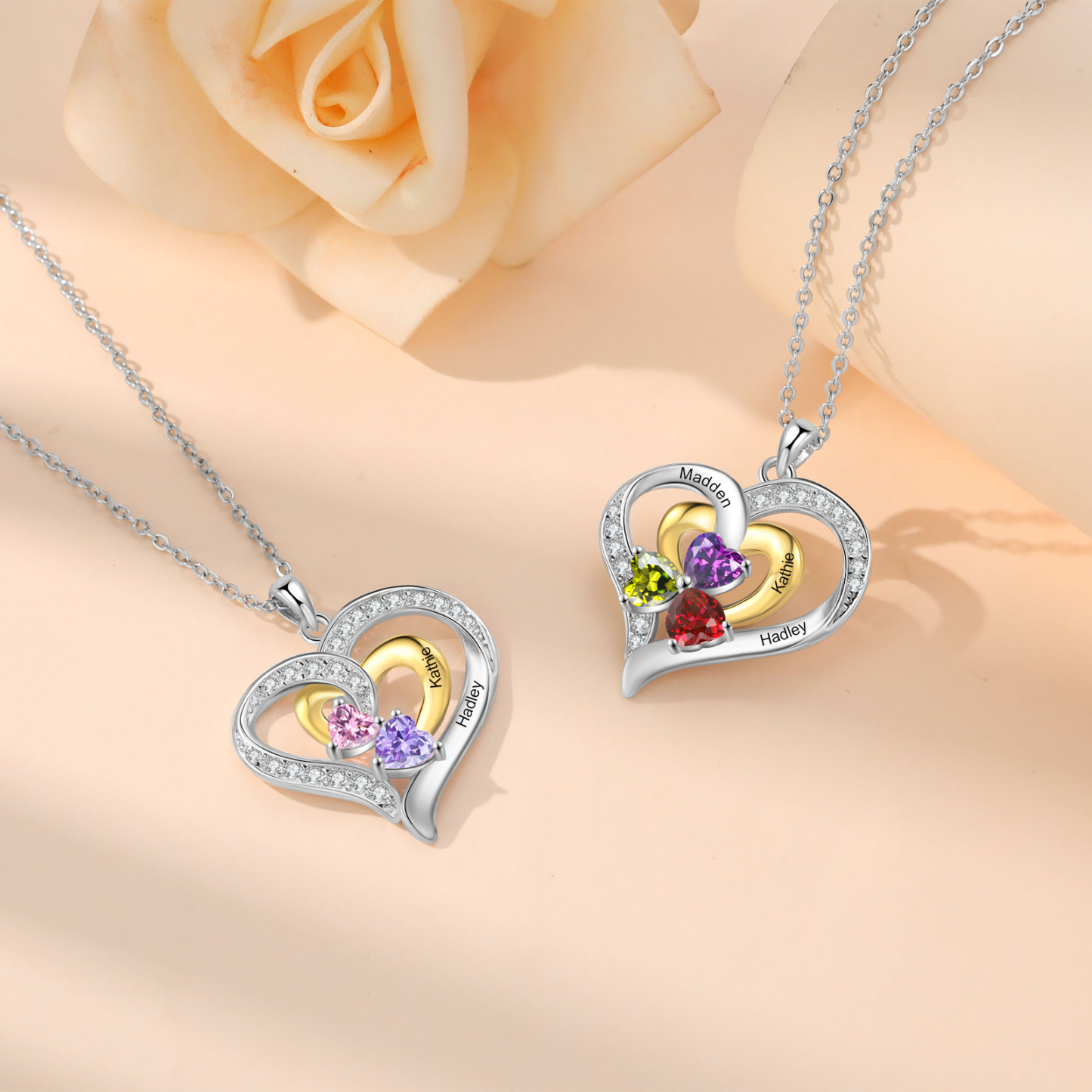 Personalised Double Heart Necklace Custom 2 Birthstones & 2 Names Ideal Christmas Gift-Jessemade AU