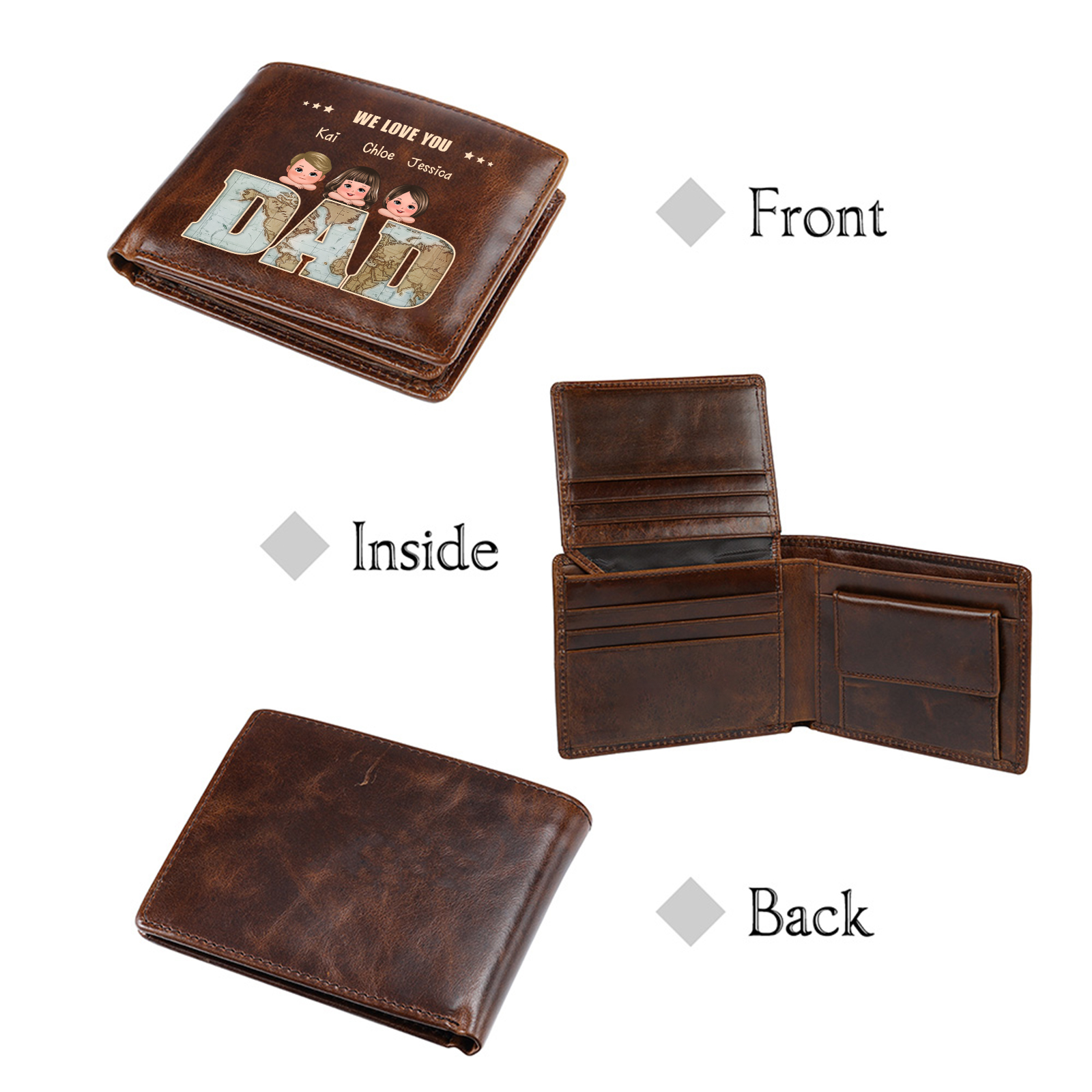 Personalised genuine leather wallet, vintage style, gift for Dad/Grandad