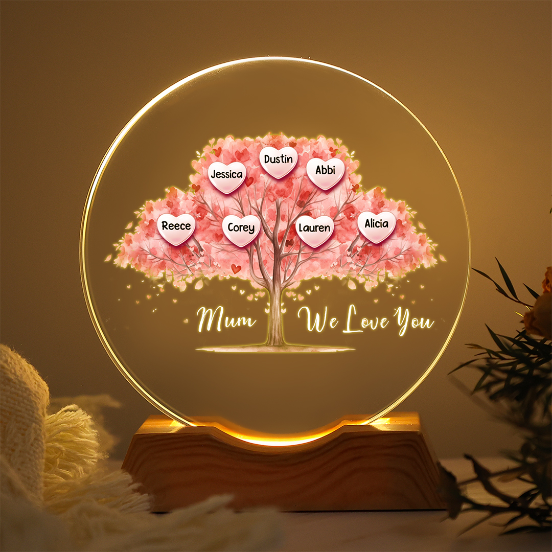 Personalised Family Tree LED Crystal Night Light with 1–7 Names for Mum
