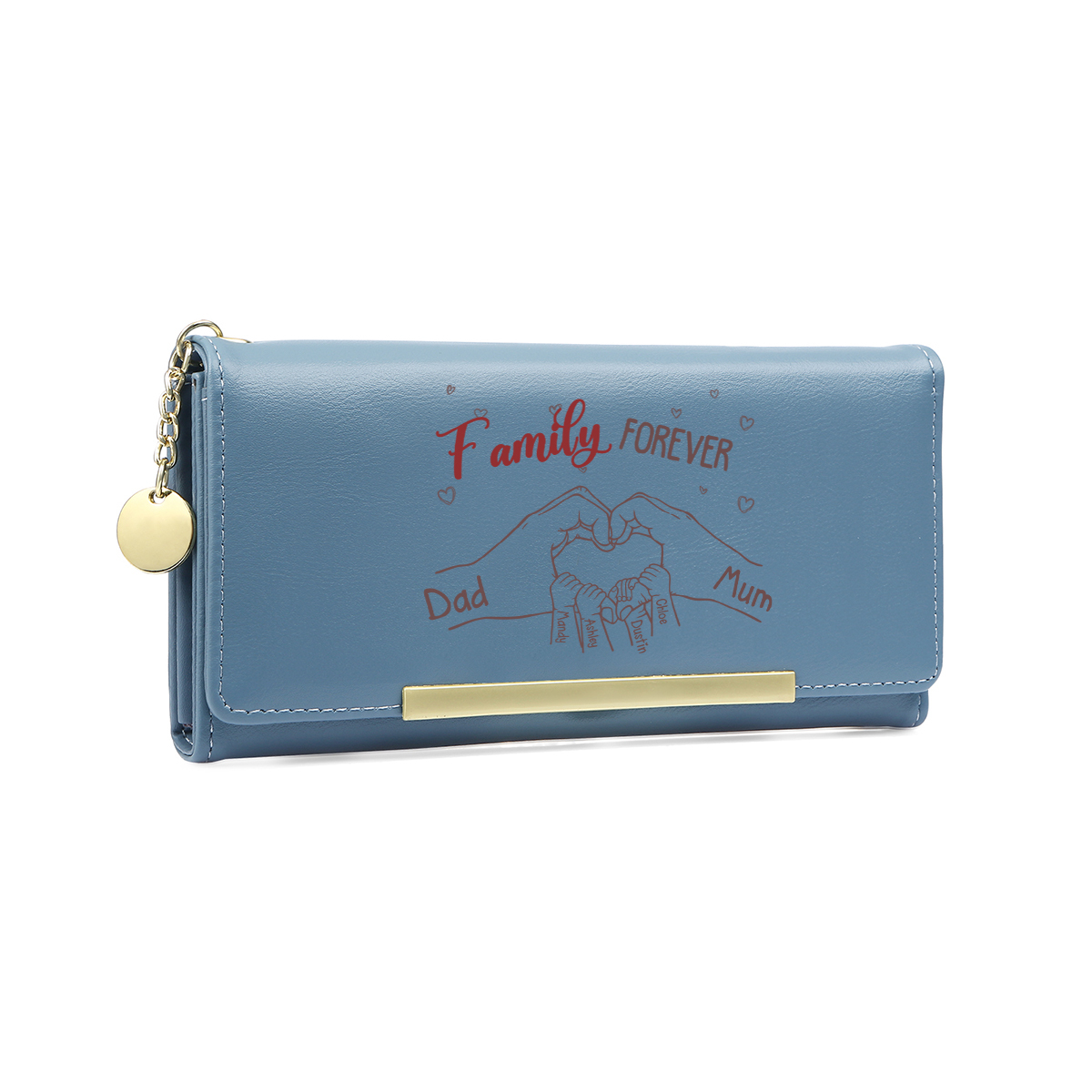 Personalised Women's Wallet with 3–8 names and hand‑heart motif